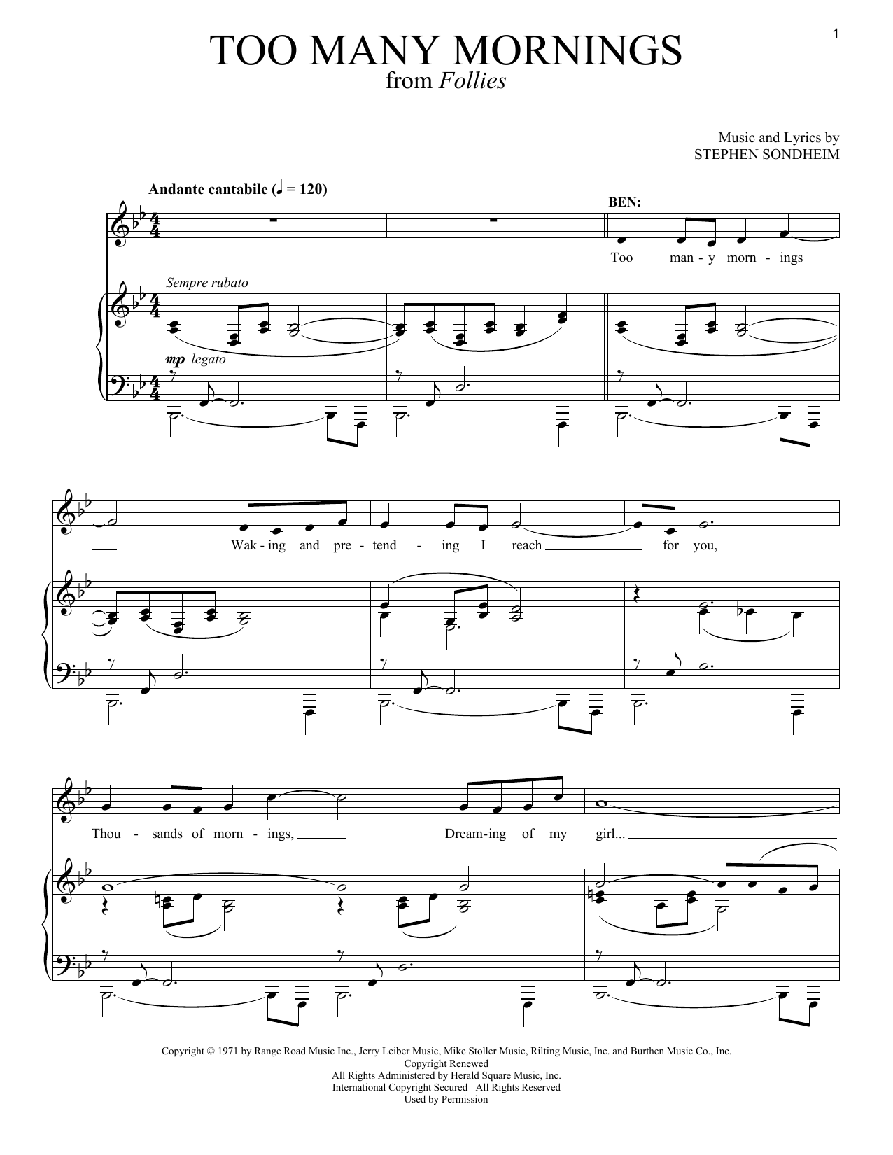 Download Stephen Sondheim Too Many Mornings Sheet Music and learn how to play Piano & Vocal PDF digital score in minutes