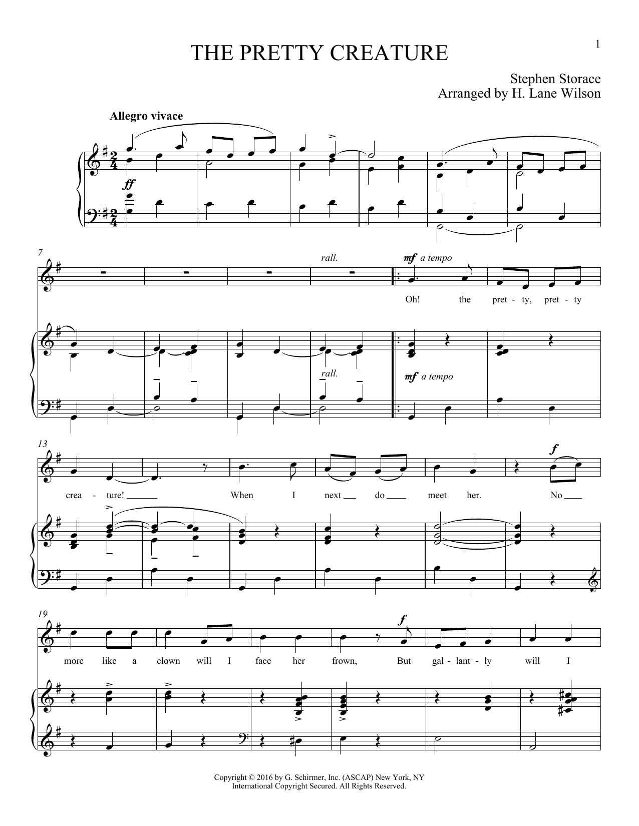 Download Stephen Storace The Pretty Creature Sheet Music and learn how to play Piano & Vocal PDF digital score in minutes