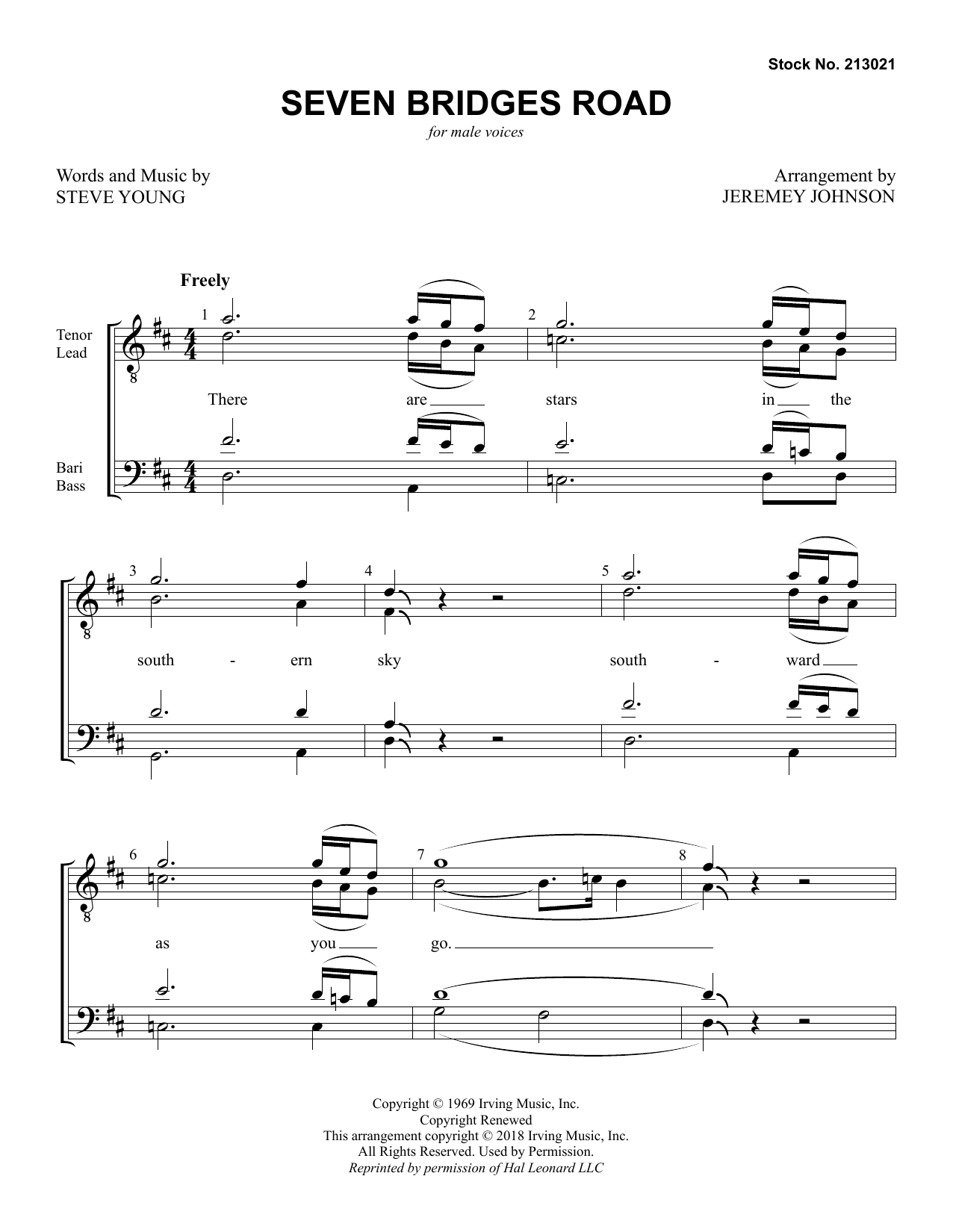 Download Stephen T. Young Seven Bridges Road (arr. Jeremey Johnson) Sheet Music and learn how to play SATB Choir PDF digital score in minutes