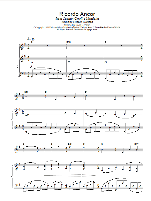 Download Stephen Warbeck Pelagia's Song (Ricordo Ancor) (from Captain Corelli's Mandolin) Sheet Music and learn how to play Piano PDF digital score in minutes