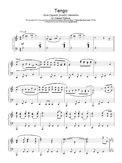 Download Stephen Warbeck The Tango (from Captain Corelli's Mandolin) Sheet Music and learn how to play Piano PDF digital score in minutes