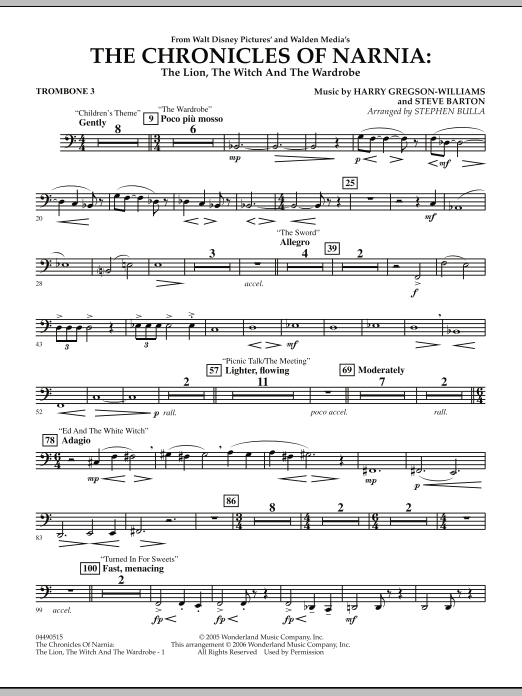 stephen bulla music from the chronicles of narnia the lion the witch and the wardrobe trombone 3 sheet music notes download printable pdf score 286504