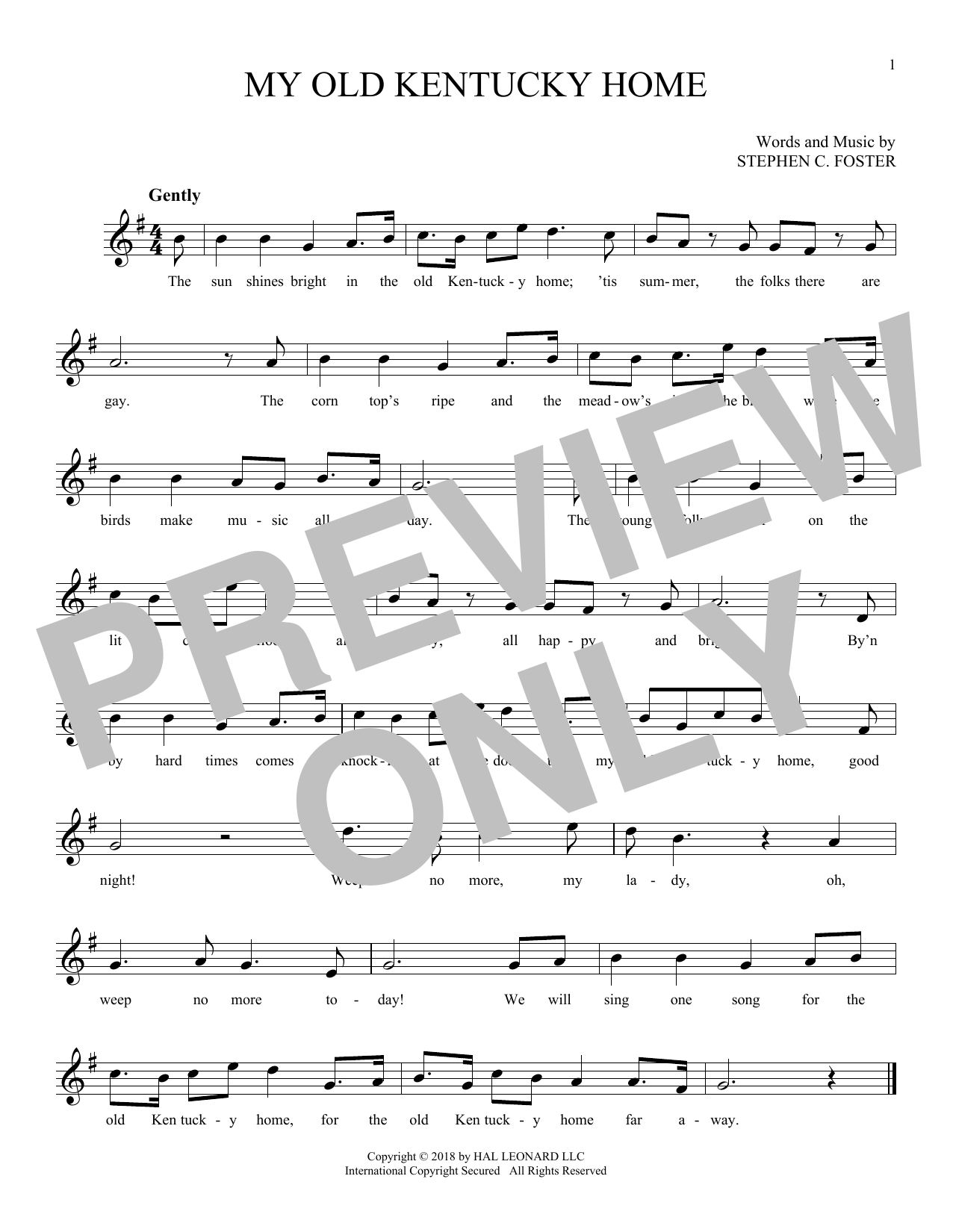 Stephen C Foster My Old Kentucky Home Sheet Music Notes Download Printable Pdf Score 187469 