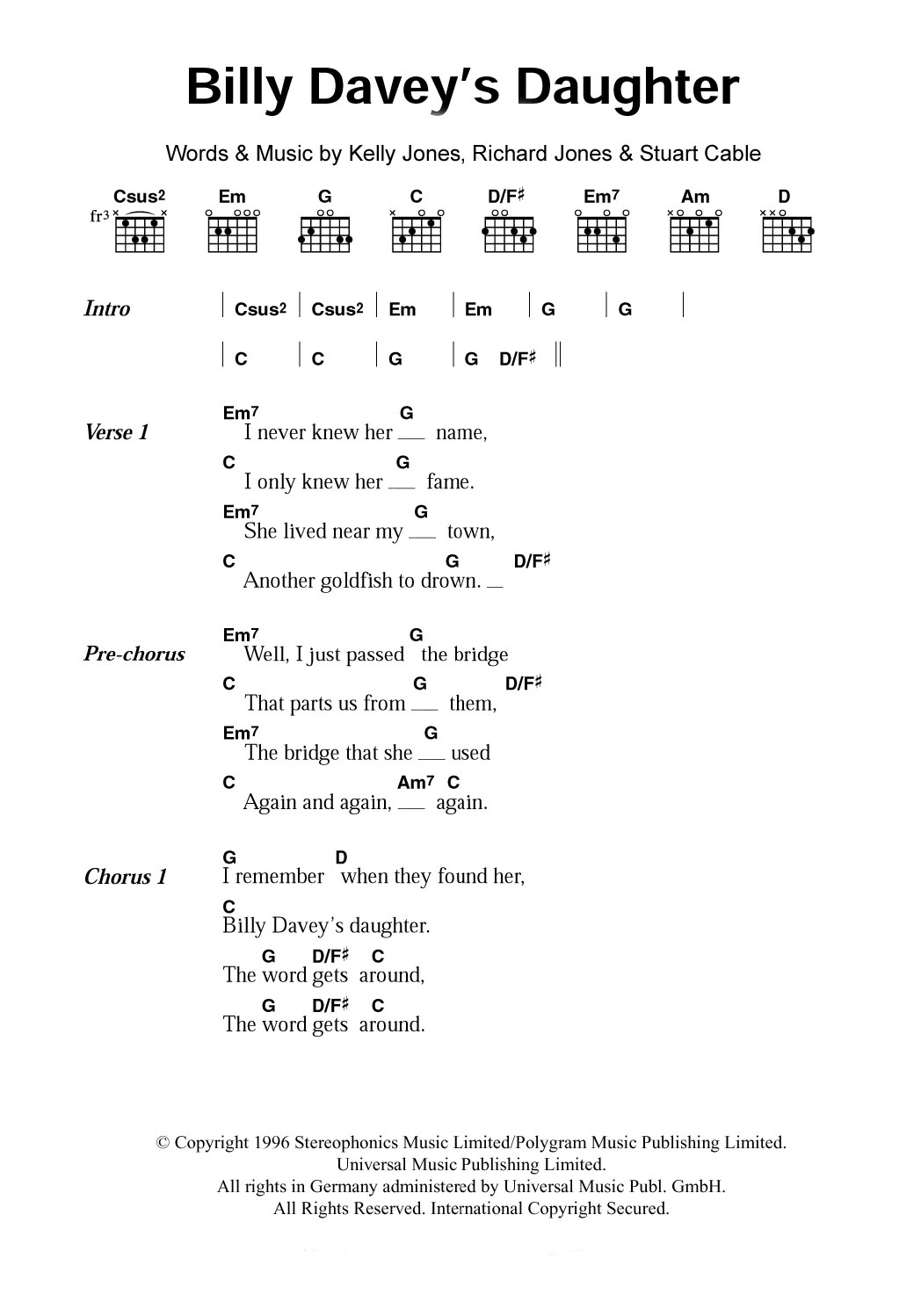 Download Stereophonics Billy Davey's Daughter Sheet Music and learn how to play Lyrics & Chords PDF digital score in minutes