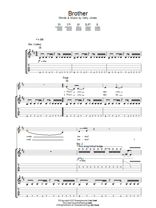 Download Stereophonics Brother Sheet Music and learn how to play Guitar Tab PDF digital score in minutes