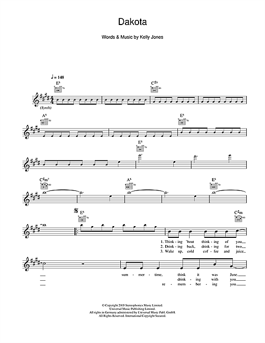 Download Stereophonics Dakota Sheet Music and learn how to play Melody Line, Lyrics & Chords PDF digital score in minutes