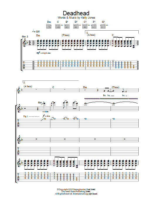 Download Stereophonics Deadhead Sheet Music and learn how to play Guitar Tab PDF digital score in minutes