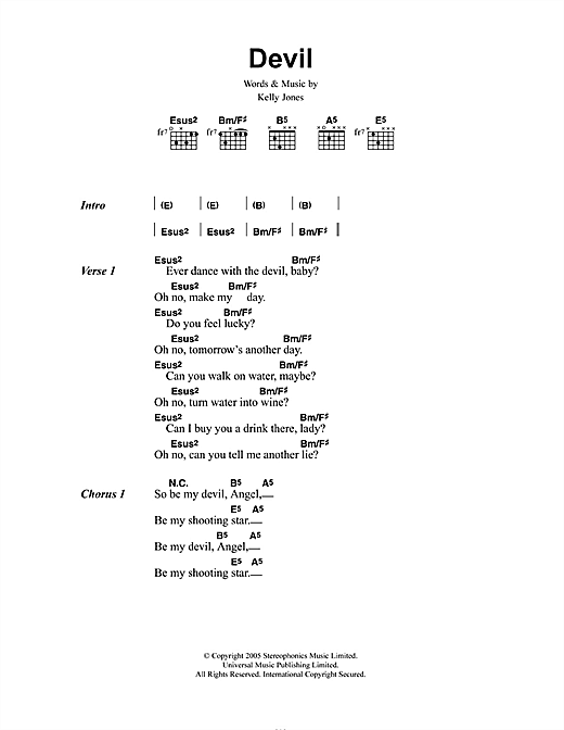 Download Stereophonics Devil Sheet Music and learn how to play Piano, Vocal & Guitar (Right-Hand Melody) PDF digital score in minutes