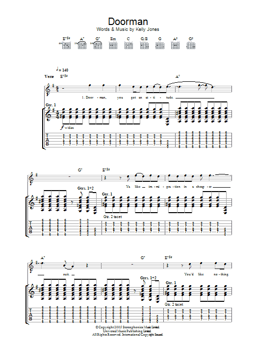 Download Stereophonics Doorman Sheet Music and learn how to play Guitar Tab PDF digital score in minutes