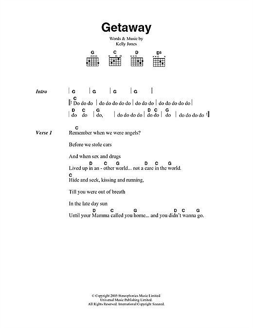 Download Stereophonics Getaway Sheet Music and learn how to play Guitar Tab PDF digital score in minutes