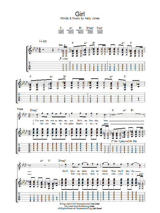 Download Stereophonics Girl Sheet Music and learn how to play Guitar Tab PDF digital score in minutes