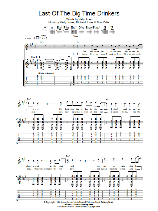 Download Stereophonics Last Of The Big Time Drinkers Sheet Music and learn how to play Lyrics & Chords PDF digital score in minutes