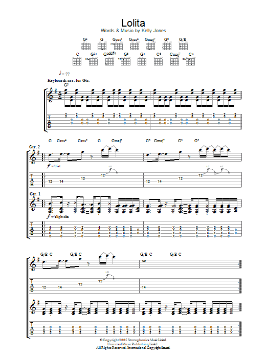Download Stereophonics Lolita Sheet Music and learn how to play Guitar Tab PDF digital score in minutes
