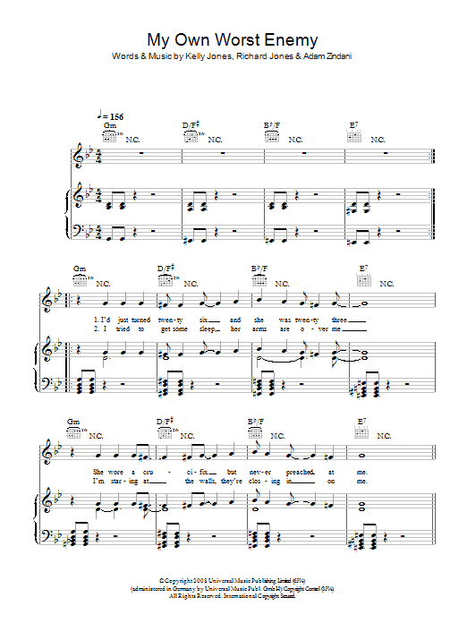 Download Stereophonics My Own Worst Enemy Sheet Music and learn how to play Piano, Vocal & Guitar (Right-Hand Melody) PDF digital score in minutes