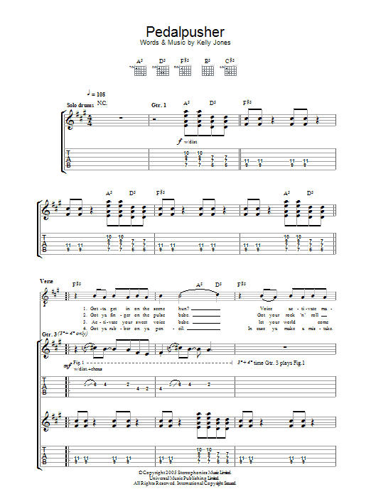 Download Stereophonics Pedalpusher Sheet Music and learn how to play Guitar Tab PDF digital score in minutes