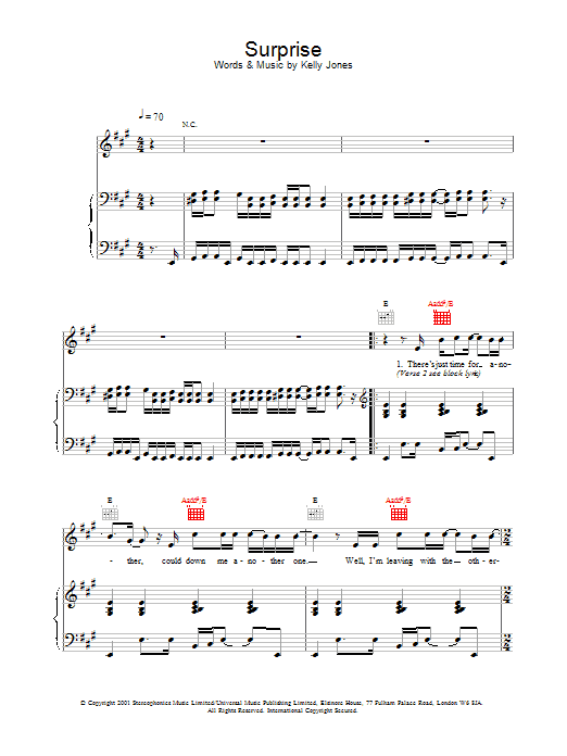 Download Stereophonics Surprise Sheet Music and learn how to play Piano, Vocal & Guitar PDF digital score in minutes