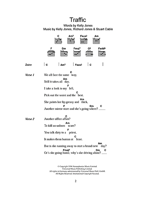 Download Stereophonics Traffic Sheet Music and learn how to play Piano, Vocal & Guitar PDF digital score in minutes