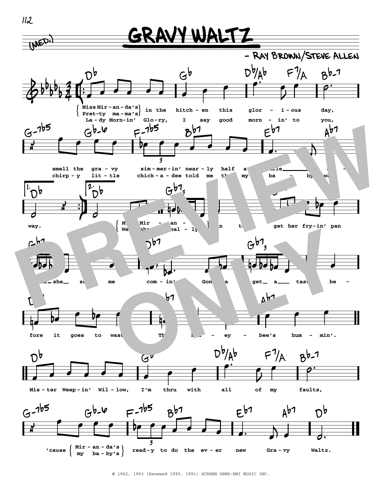 Download Steve Allen Gravy Waltz (High Voice) Sheet Music and learn how to play Real Book – Melody, Lyrics & Chords PDF digital score in minutes