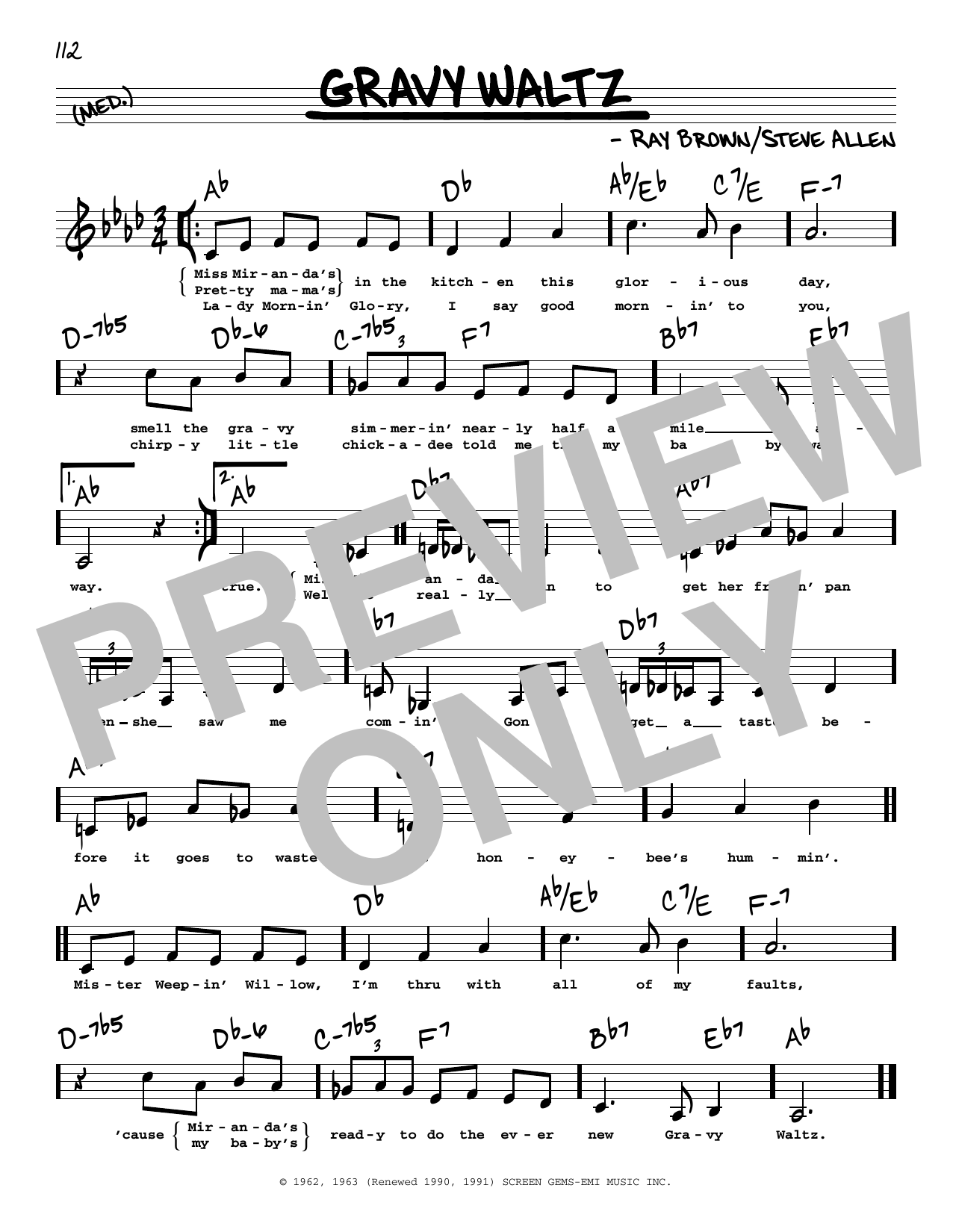 Download Steve Allen Gravy Waltz (Low Voice) Sheet Music and learn how to play Real Book – Melody, Lyrics & Chords PDF digital score in minutes