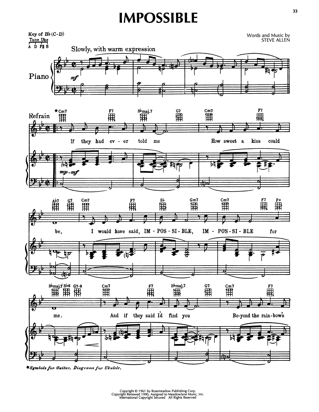 Download Steve Allen Impossible Sheet Music and learn how to play Piano, Vocal & Guitar Chords (Right-Hand Melody) PDF digital score in minutes