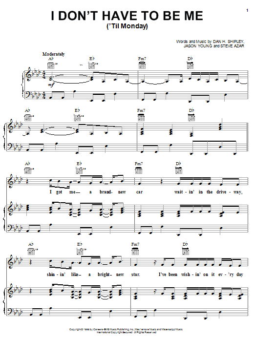 Download Steve Azar I Don't Have To Be Me ('Til Monday) Sheet Music and learn how to play Piano, Vocal & Guitar (Right-Hand Melody) PDF digital score in minutes