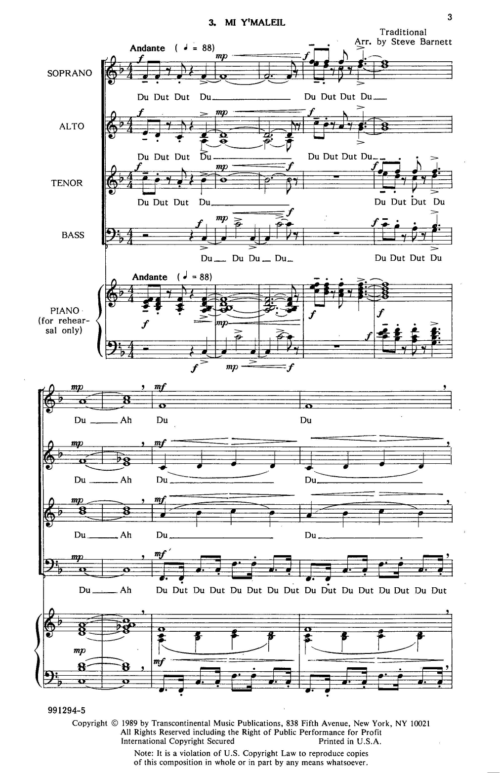 Download Steve Barnett Mi Y'maleil Rehearsal Piano Sheet Music and learn how to play SATB Choir PDF digital score in minutes
