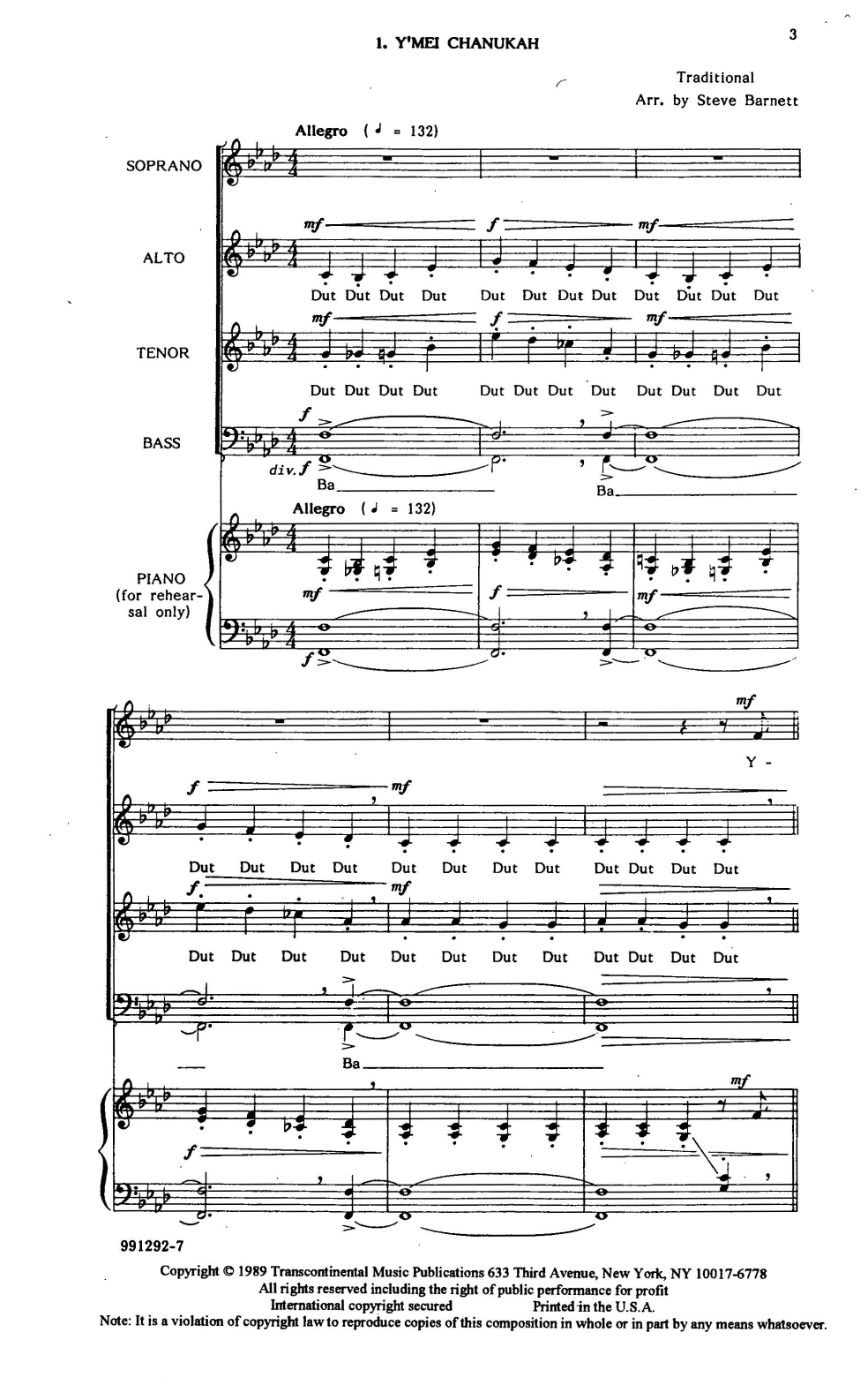 Download Steve Barnett Y'mei Chanukah Rehearsal Piano Sheet Music and learn how to play SATB Choir PDF digital score in minutes