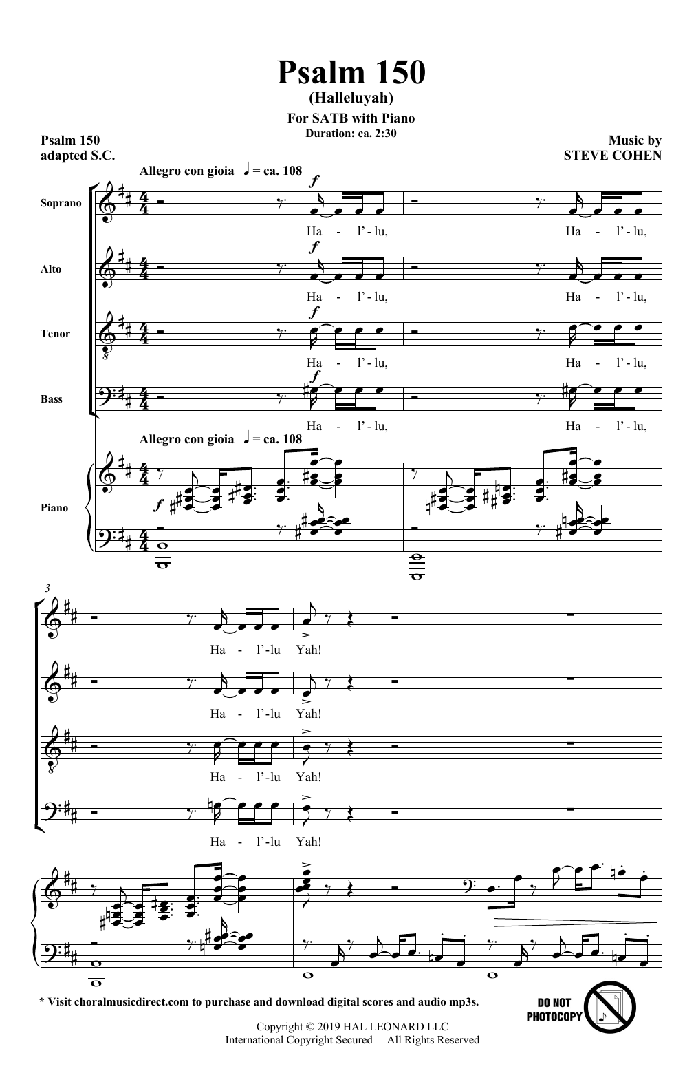 Download Steve Cohen Psalm 150 (Halleluyah) Sheet Music and learn how to play SATB Choir PDF digital score in minutes
