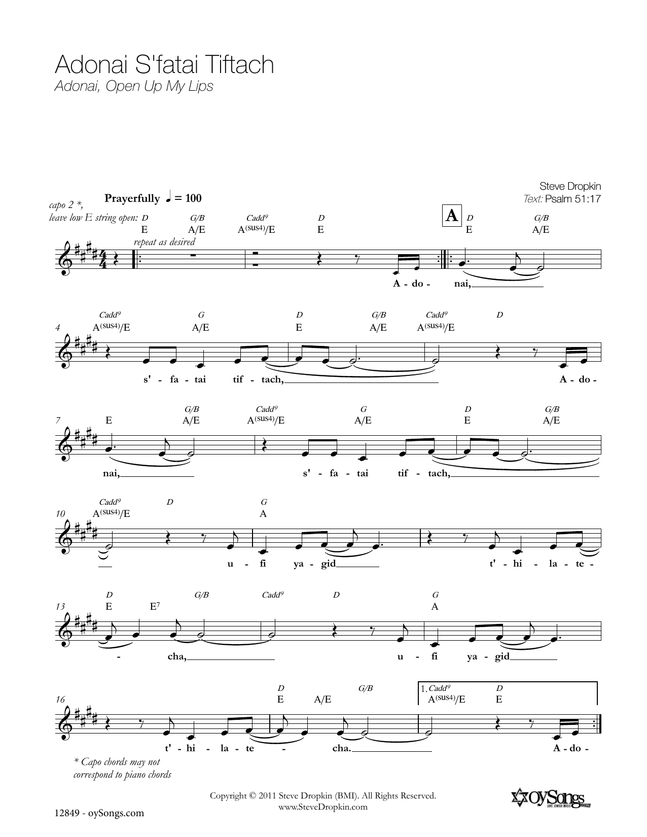 Download Steve Dropkin Adonai S'fatai Tiftach Sheet Music and learn how to play Piano, Vocal & Guitar (Right-Hand Melody) PDF digital score in minutes