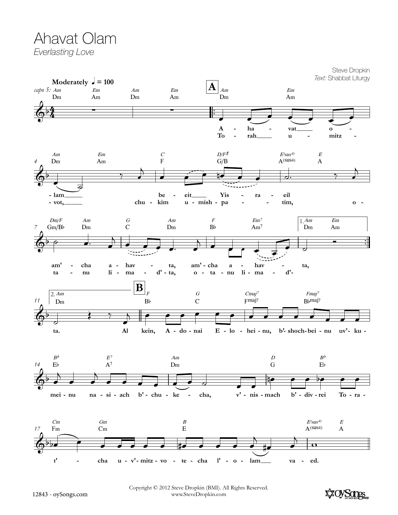 Download Steve Dropkin Ahavat Olam Sheet Music and learn how to play Piano, Vocal & Guitar (Right-Hand Melody) PDF digital score in minutes