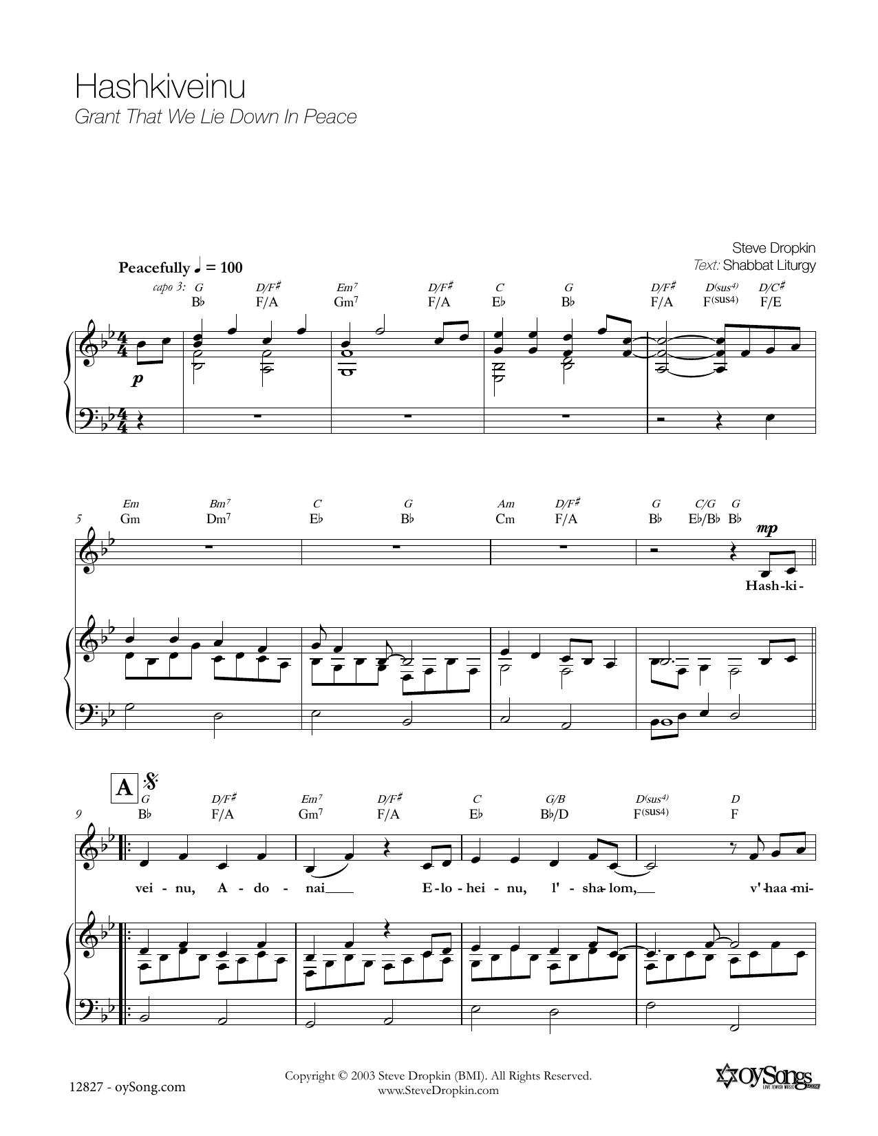 Download Steve Dropkin Hashkiveinu Sheet Music and learn how to play Melody Line, Lyrics & Chords PDF digital score in minutes