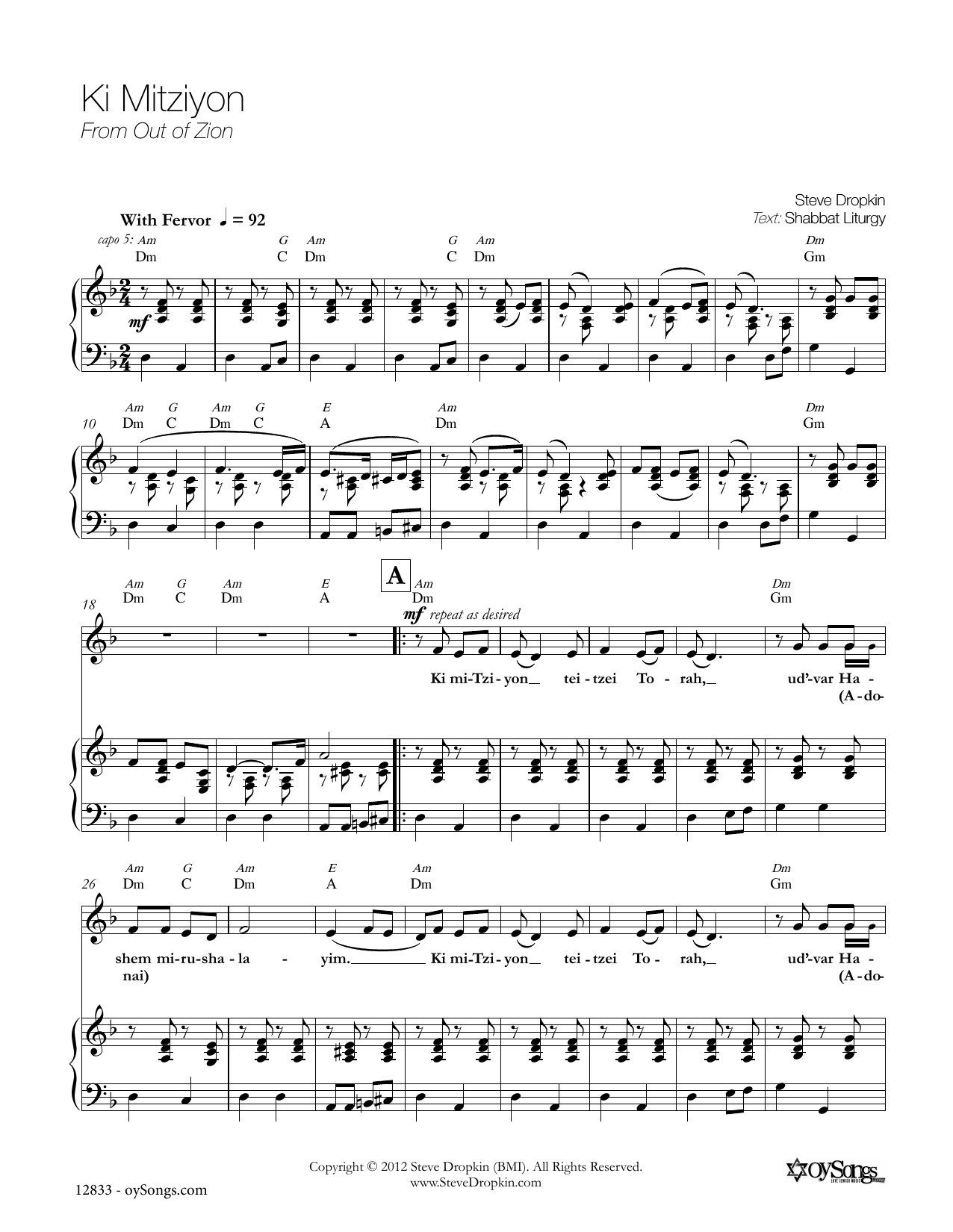 Download Steve Dropkin Ki Mitziyon Sheet Music and learn how to play Melody Line, Lyrics & Chords PDF digital score in minutes