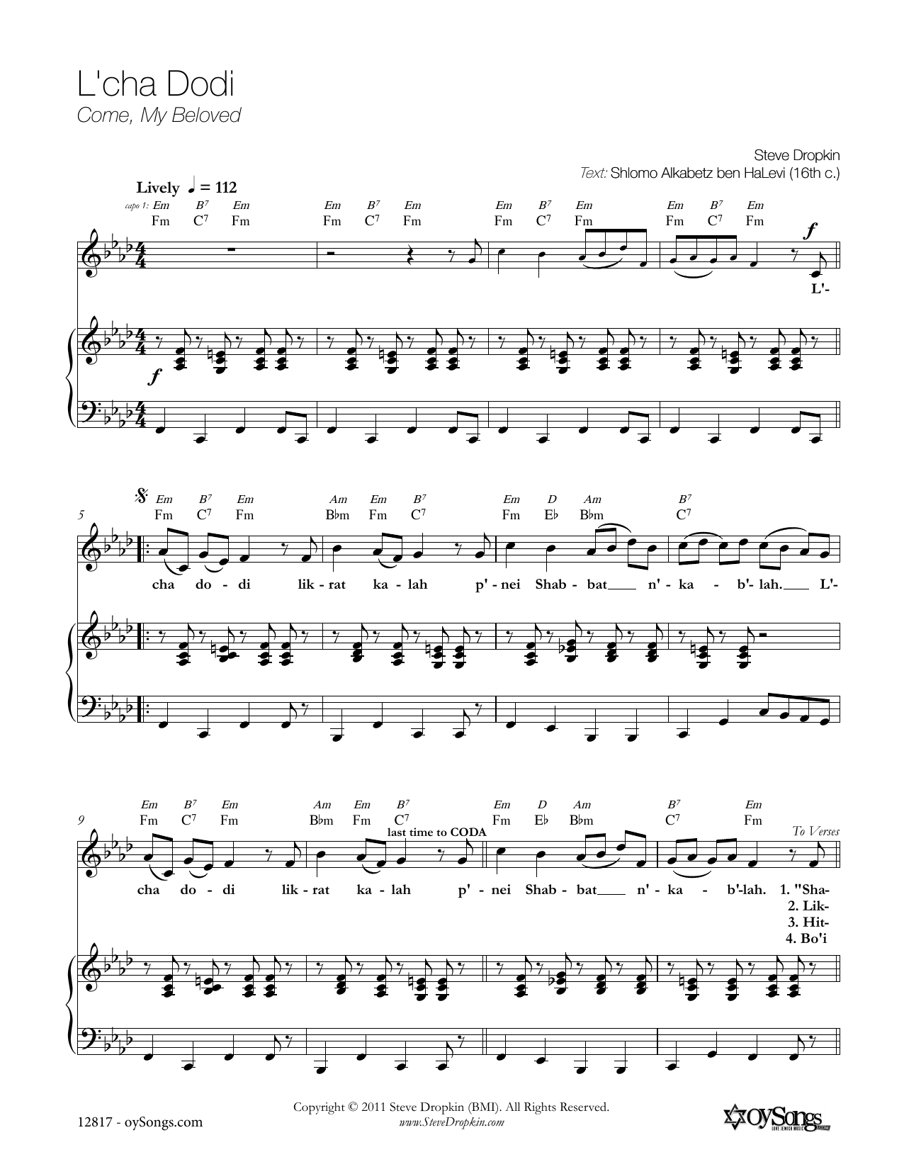 Download Steve Dropkin L'cha Dodi Sheet Music and learn how to play Melody Line, Lyrics & Chords PDF digital score in minutes