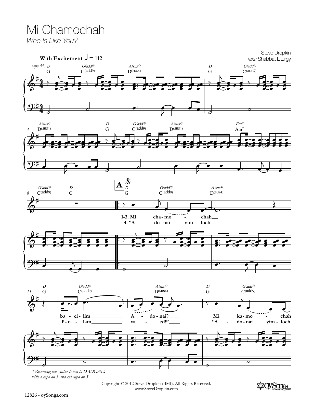 Download Steve Dropkin Mi Chamochah Sheet Music and learn how to play Piano, Vocal & Guitar (Right-Hand Melody) PDF digital score in minutes