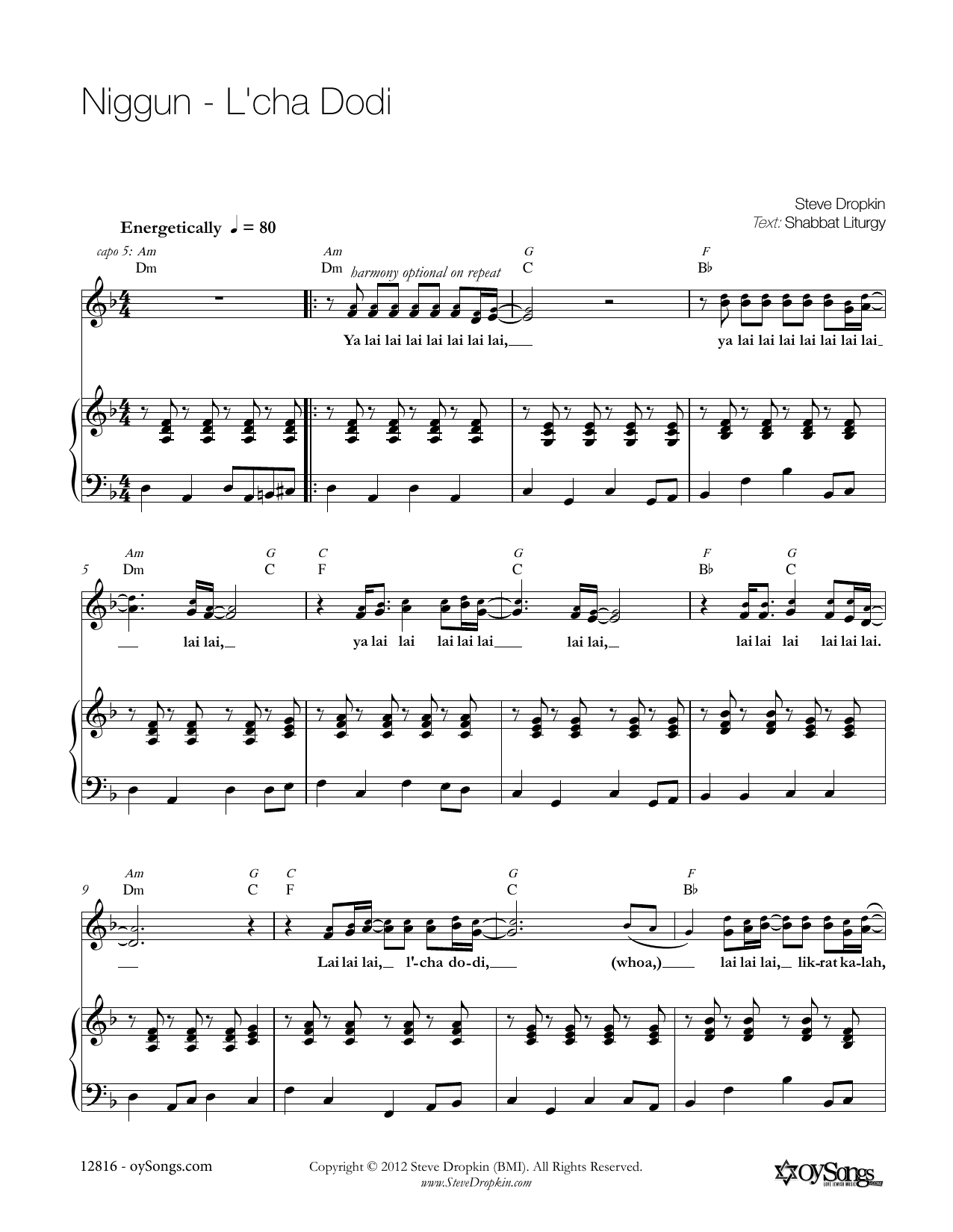 Download Steve Dropkin Niggun - L'chah Dodi Sheet Music and learn how to play Piano, Vocal & Guitar (Right-Hand Melody) PDF digital score in minutes