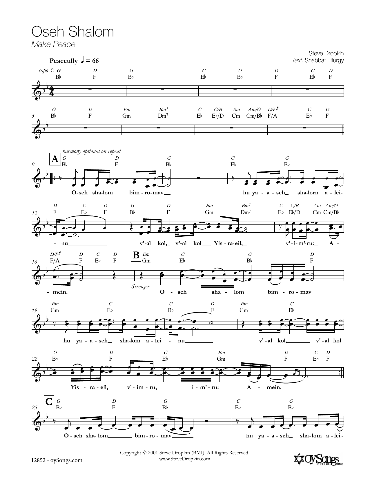 Download Steve Dropkin Oseh Shalom Sheet Music and learn how to play Piano, Vocal & Guitar (Right-Hand Melody) PDF digital score in minutes