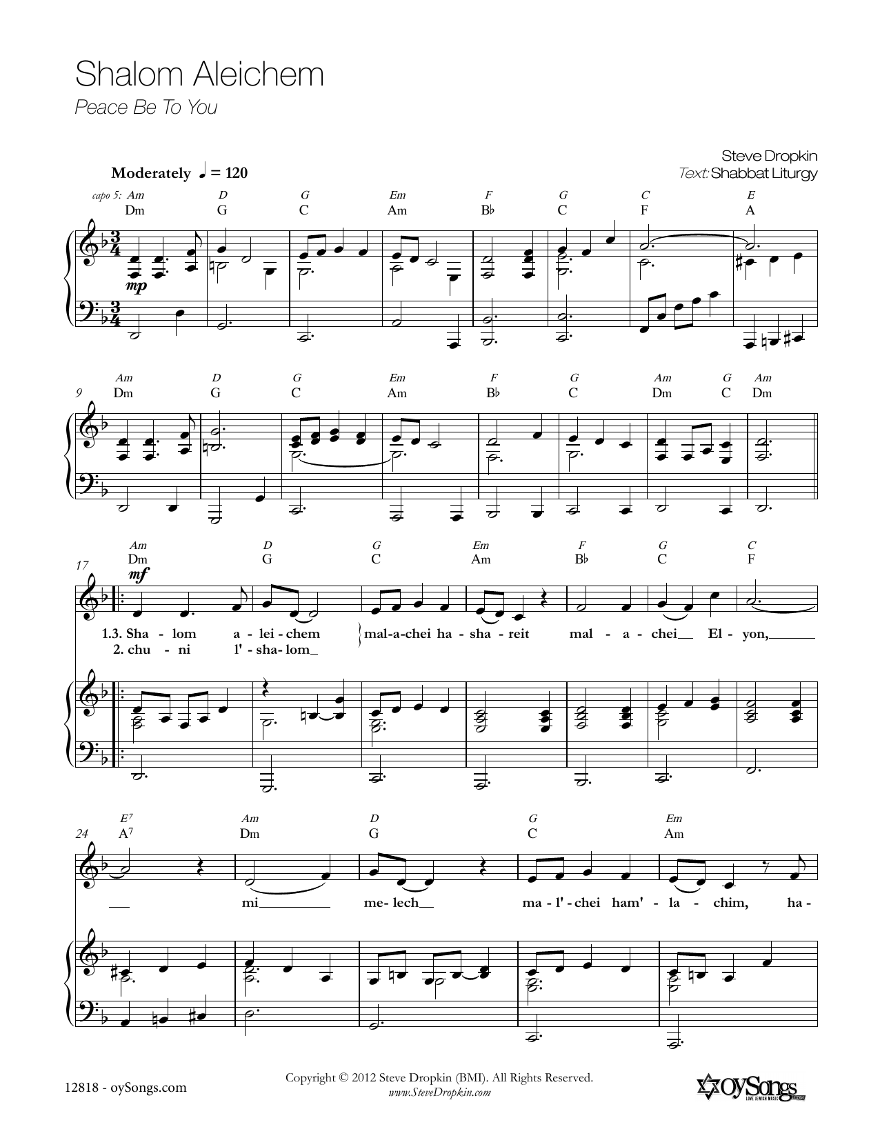 Download Steve Dropkin Shalom Aleichem Sheet Music and learn how to play Melody Line, Lyrics & Chords PDF digital score in minutes