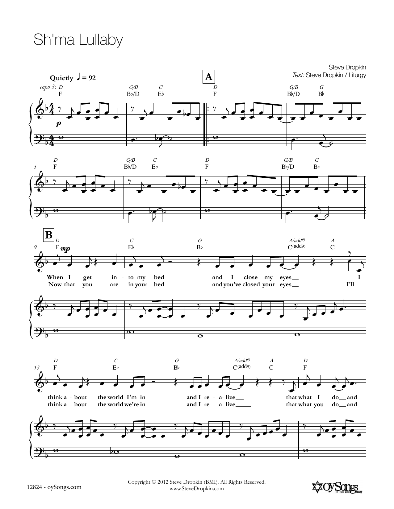 Download Steve Dropkin Sh'ma Lullaby Sheet Music and learn how to play Piano, Vocal & Guitar (Right-Hand Melody) PDF digital score in minutes