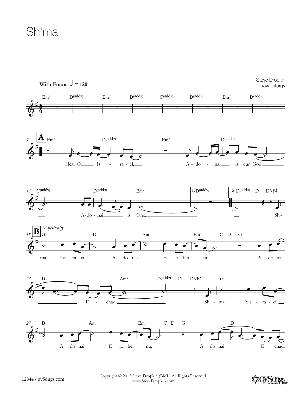 Download Steve Dropkin Sh'ma Sheet Music and learn how to play Melody Line, Lyrics & Chords PDF digital score in minutes