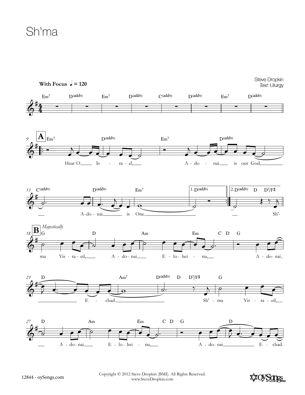 Download Steve Dropkin Sh'ma Sheet Music and learn how to play Piano, Vocal & Guitar (Right-Hand Melody) PDF digital score in minutes