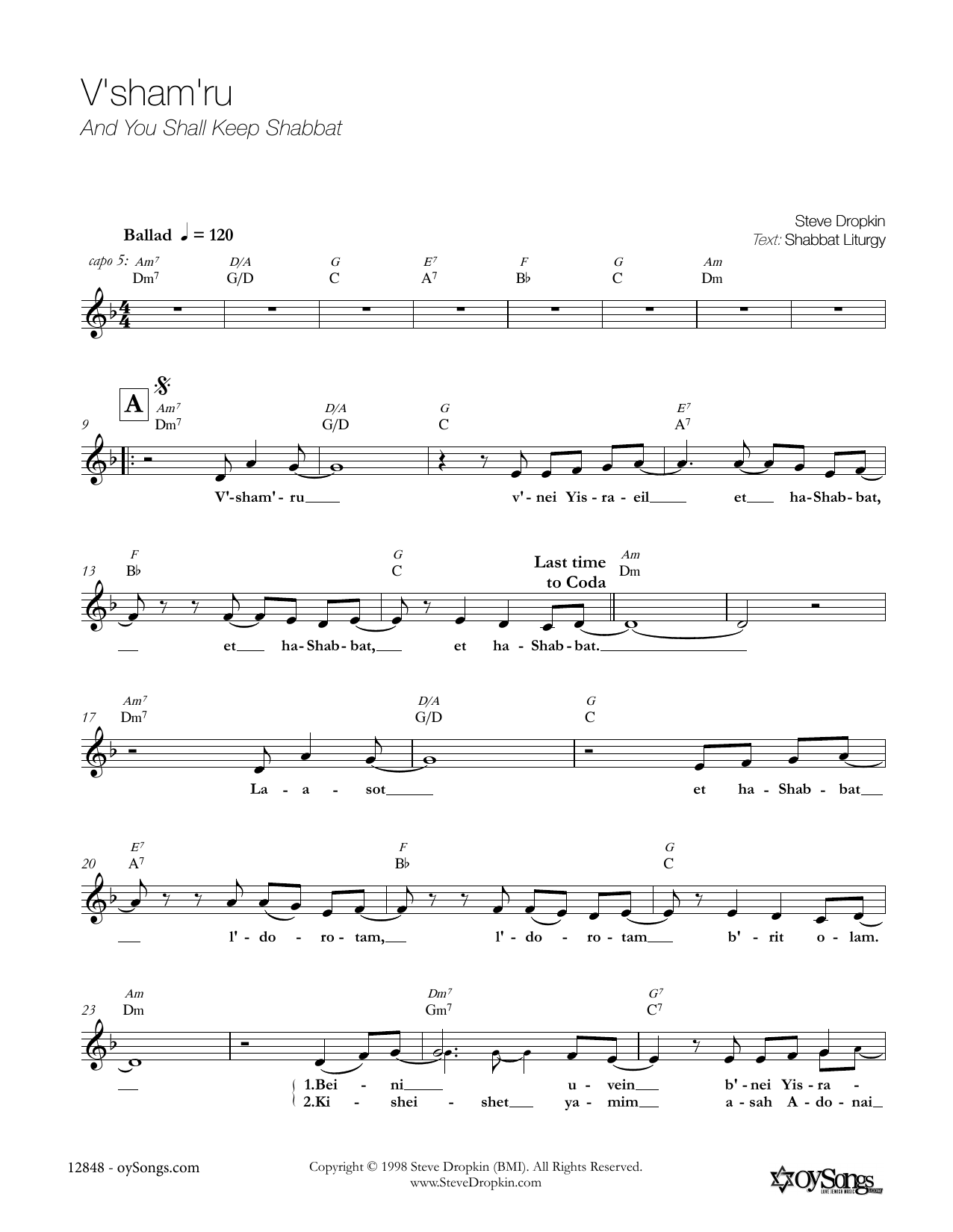 Download Steve Dropkin V'Sham'Ru Sheet Music and learn how to play Piano, Vocal & Guitar (Right-Hand Melody) PDF digital score in minutes