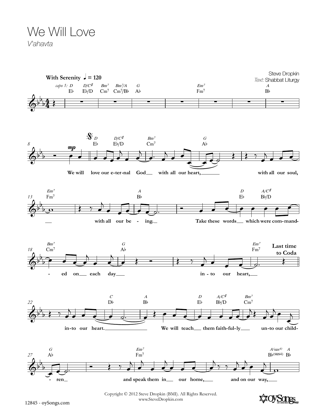 Download Steve Dropkin We Will Love Sheet Music and learn how to play Piano, Vocal & Guitar (Right-Hand Melody) PDF digital score in minutes