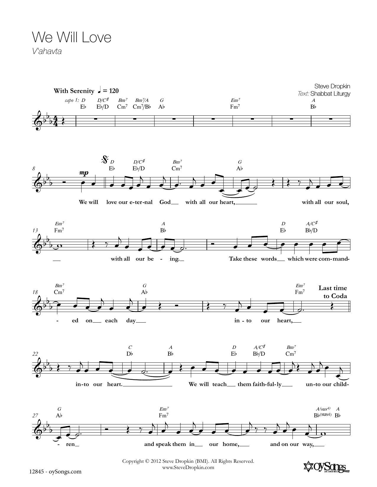 Download Steve Dropkin We Will Love Sheet Music and learn how to play Melody Line, Lyrics & Chords PDF digital score in minutes