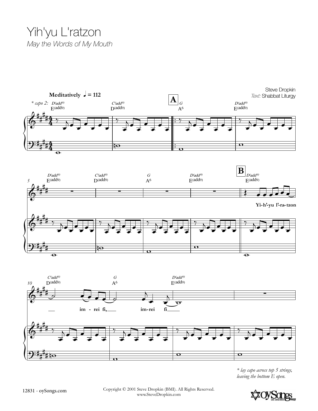 Download Steve Dropkin Yih'yu L'ratzon Sheet Music and learn how to play Melody Line, Lyrics & Chords PDF digital score in minutes