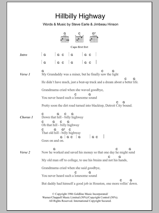 Download Steve Earle Hillbilly Highway Sheet Music and learn how to play Lyrics & Chords PDF digital score in minutes