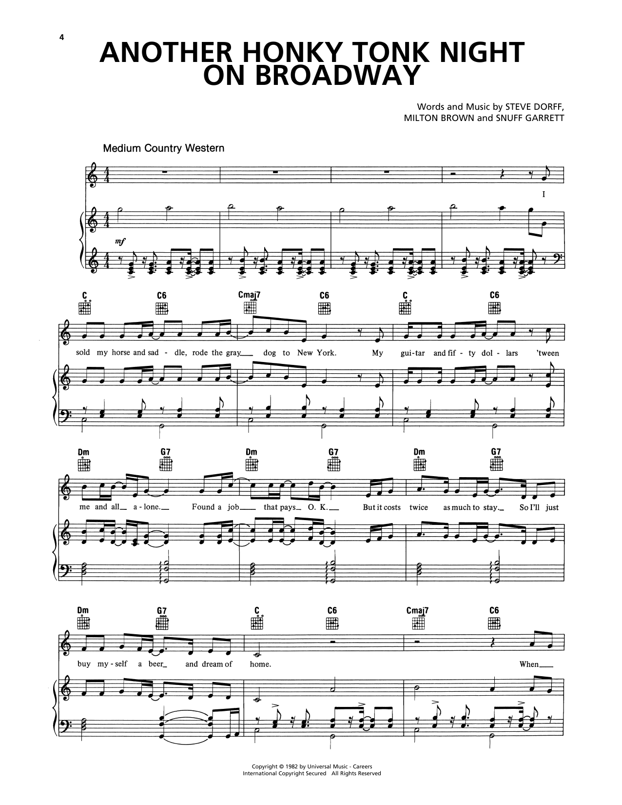 Download Steve Frizzell & Shelly West Another Honky-Tonk Night On Broadway Sheet Music and learn how to play Piano, Vocal & Guitar Chords (Right-Hand Melody) PDF digital score in minutes