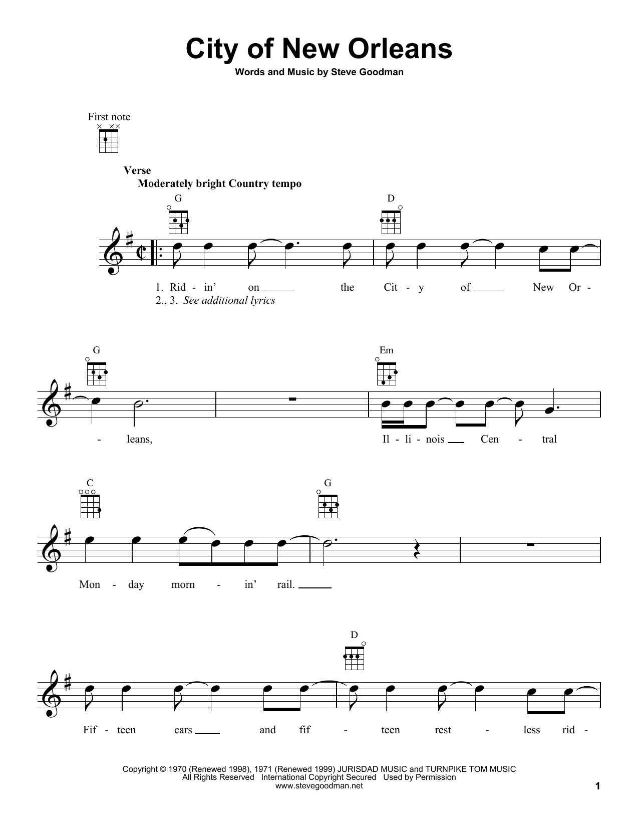 Download Steve Goodman City Of New Orleans Sheet Music and learn how to play Ukulele PDF digital score in minutes