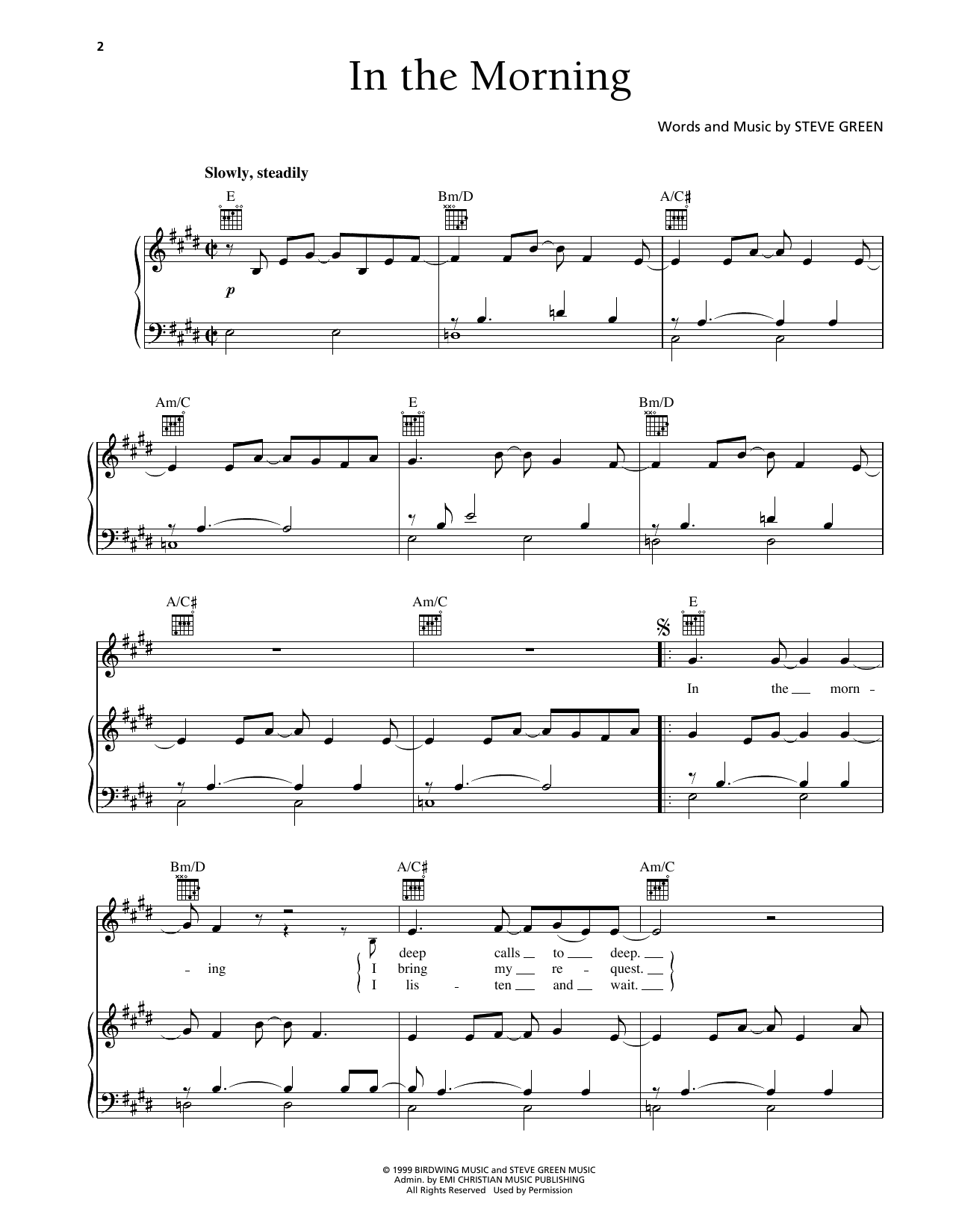 Download Steve Green In The Morning Sheet Music and learn how to play Piano, Vocal & Guitar Chords (Right-Hand Melody) PDF digital score in minutes