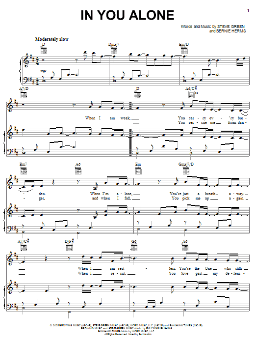 Download Steve Green In You Alone Sheet Music and learn how to play Piano, Vocal & Guitar (Right-Hand Melody) PDF digital score in minutes