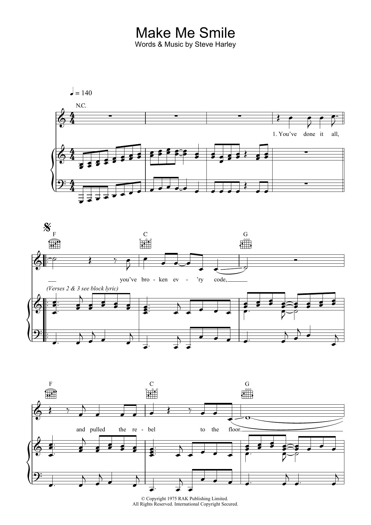 Download Steve Harley & Cockney Rebel Make Me Smile (Come Up And See Me) Sheet Music and learn how to play Piano, Vocal & Guitar PDF digital score in minutes